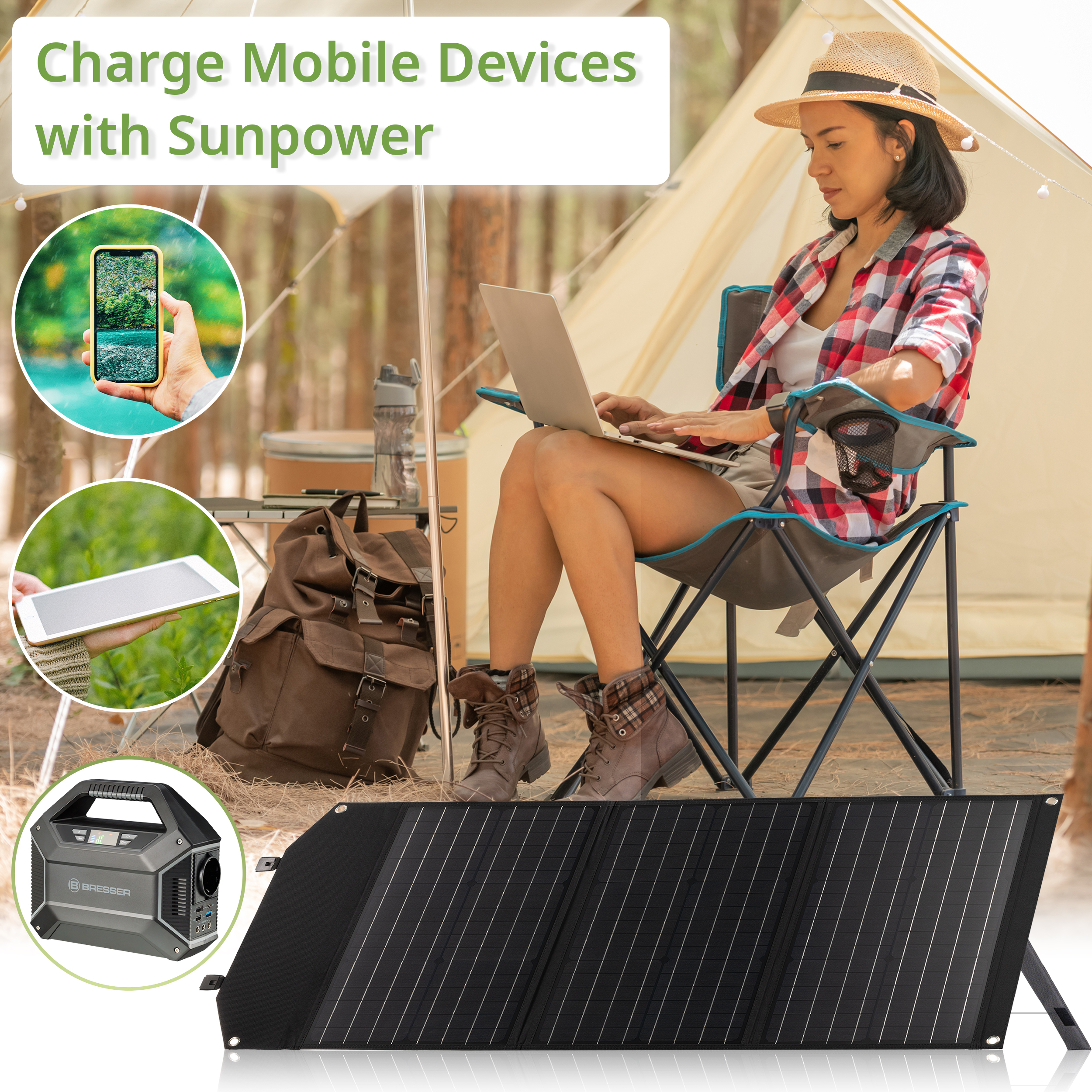 BRESSER Mobile Solar Charger 60 Watt with USB and DC output
