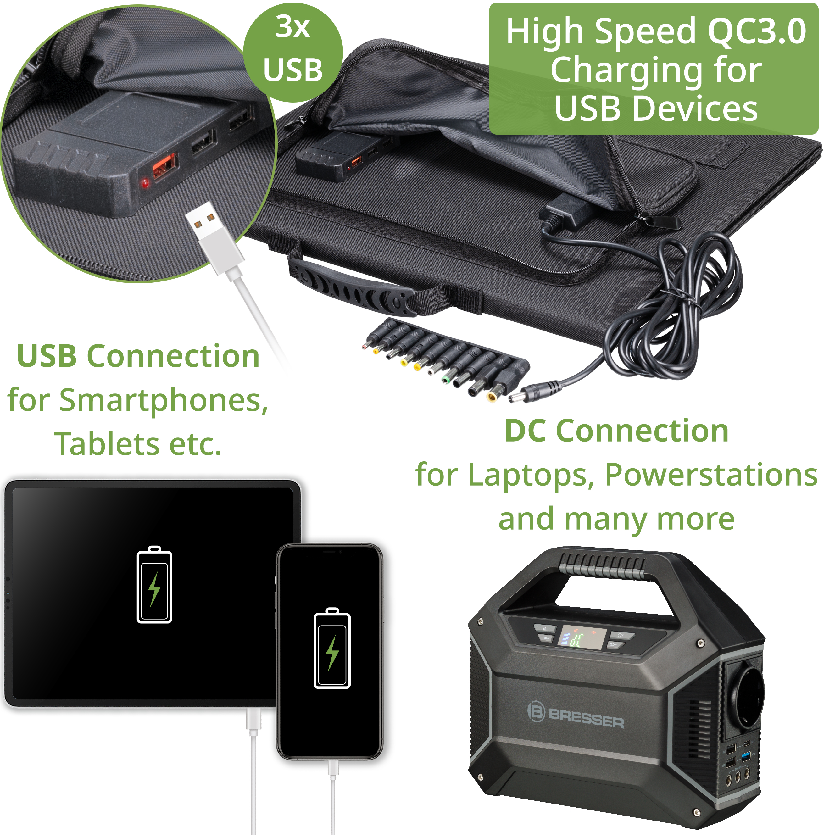 BRESSER Mobile Solar Charger 60 Watt with USB and DC output
